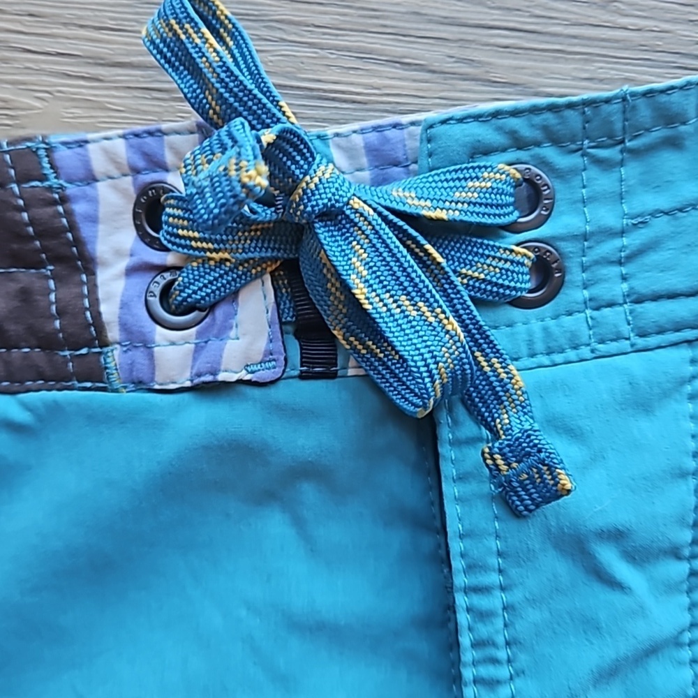 Patagonia Teal Yellow Striped Colorblock Wayfarer Swim Trunks Board Shorts 40 - Picture 7 of 9